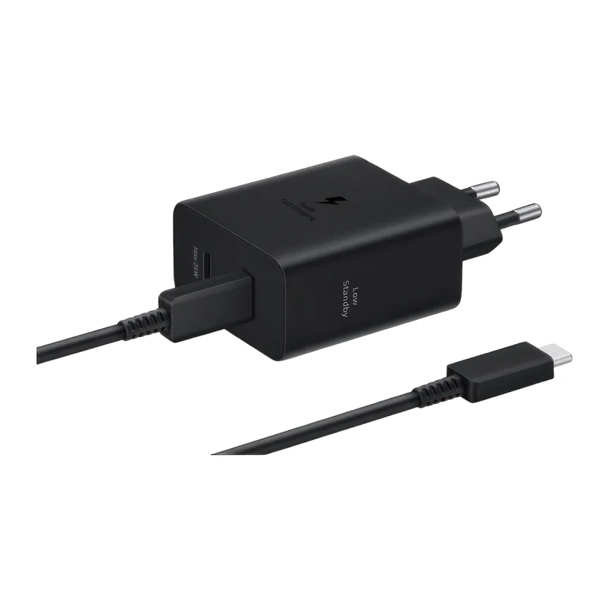 Сетевое зарядное устройство Samsung Duo мощностью 50 Вт (2 USB-C) (GaN) и кабель USB-C (1,8 м) (EP-T5020) — купить в интернет-магазине Bazaplay